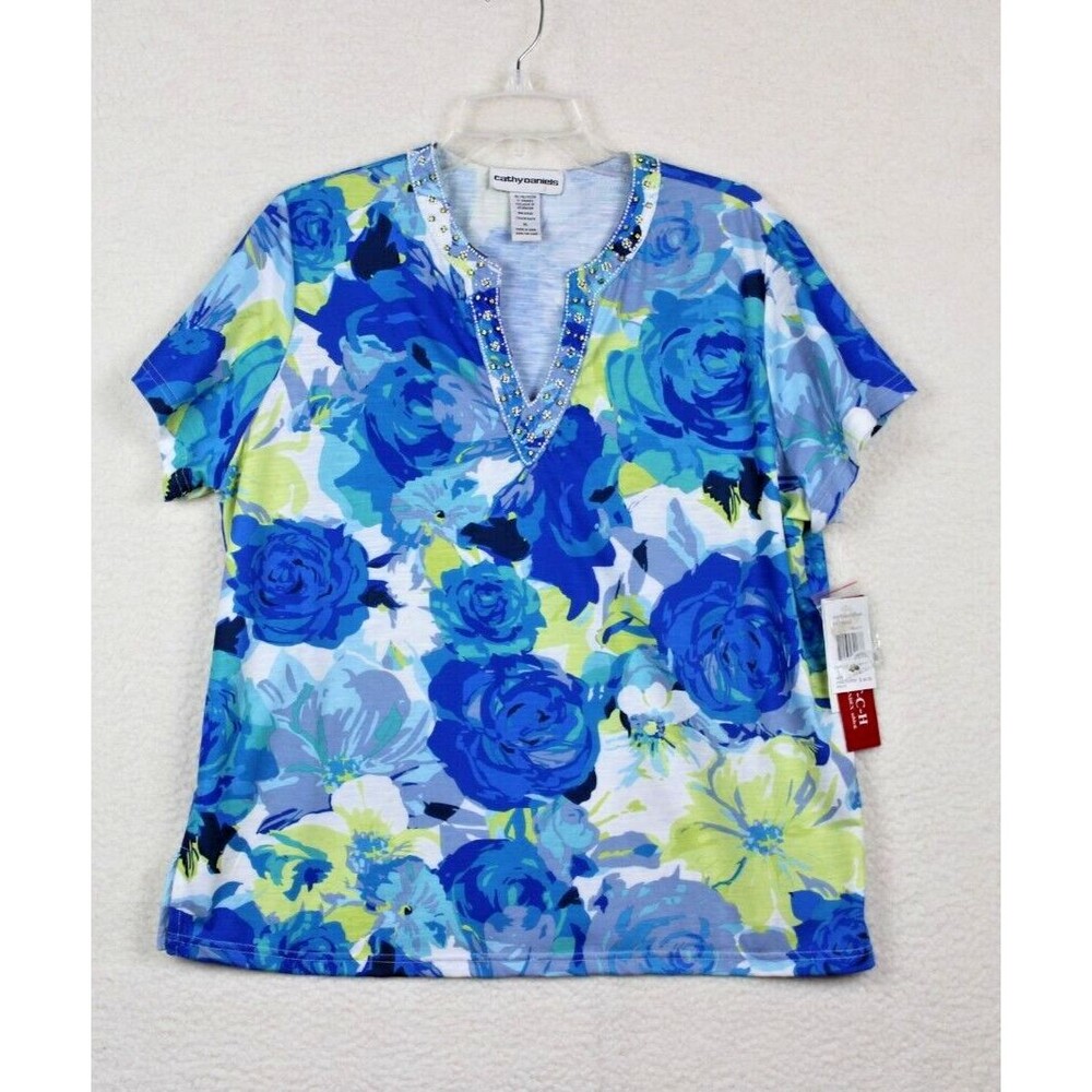 NEW CATHY DANIELS WOMENS TOP SHIRT TUNIC SIZE XL BLUE FLORAL V NECK EMBELLISHED
